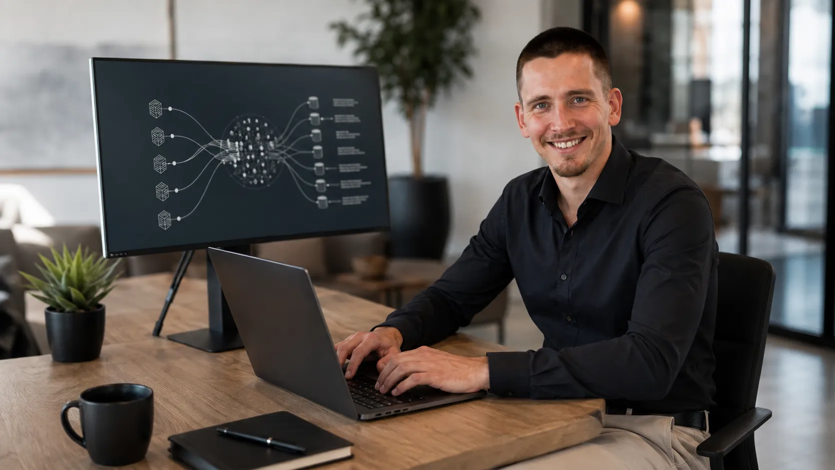 Chris Göthel am Schreibtisch, auf dem Monitor eine Datenarchitektur-Skizze